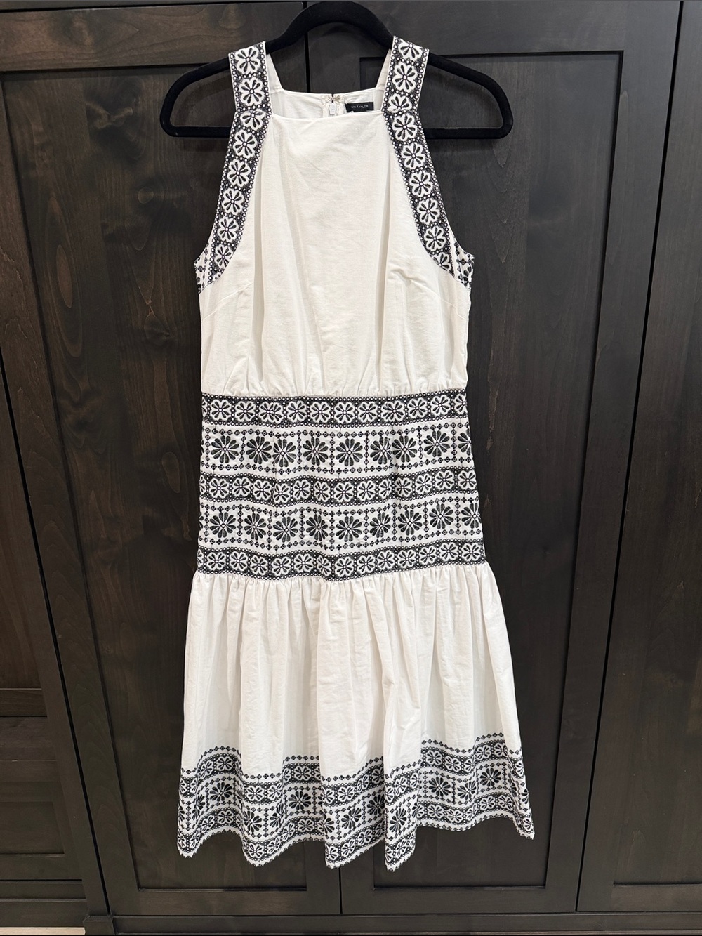 Ann Taylor White Midi Dress with Black Embroidered Trim